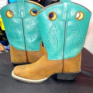MASTERSON BOOT COMPANY GIRLS SIZE 3.5 LEATHER COWGIRL BOOTS TEAL UPPER EUC CLEAN